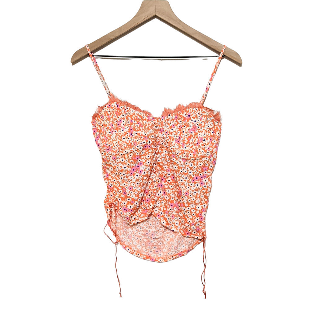 Skylar + Madison Top Womens L Orange Floral Ruched Cutout Cottagecore Boho